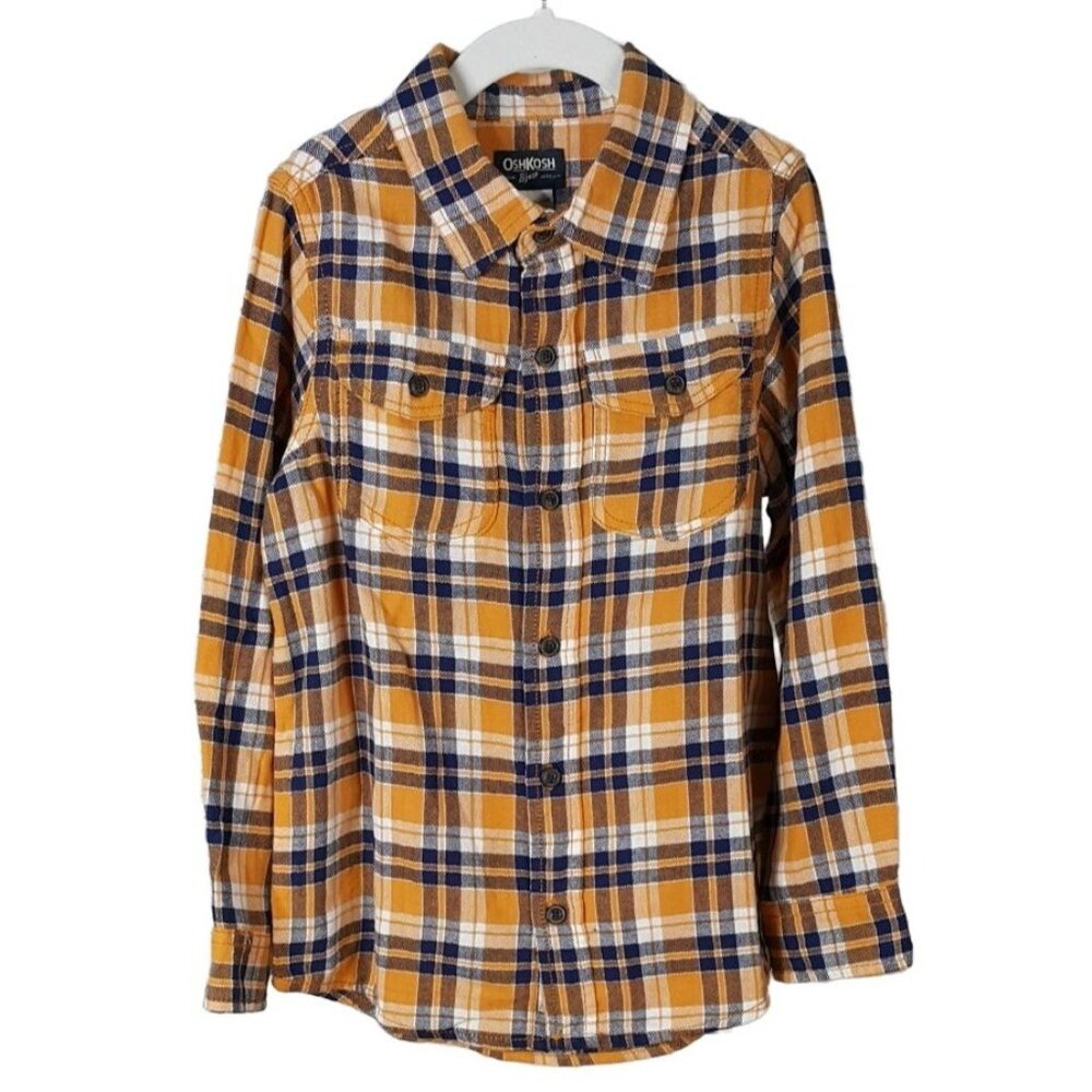 OshKosh Boys Plaid Shirt Orange Blue Size 8 Button Collar Pockets Long Sleeve